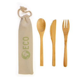Set posate in bamboo, bustina in cotone