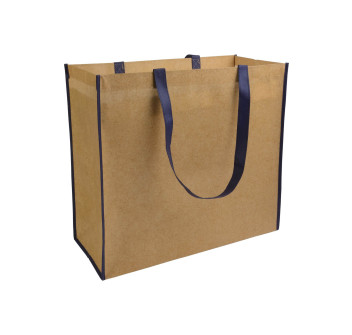 Shopper con soffietto in TNT laminato, manici lunghi a nastro colorati