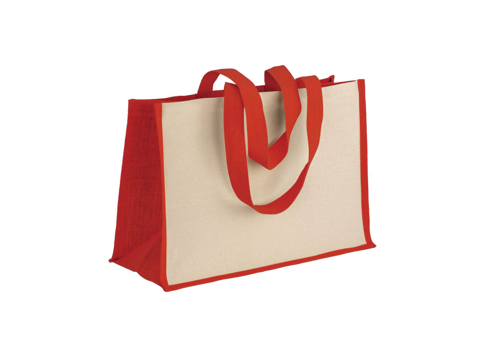 Shopper in cotone 280 g/m2 con soffietto dettagli in juta, manici lunghi