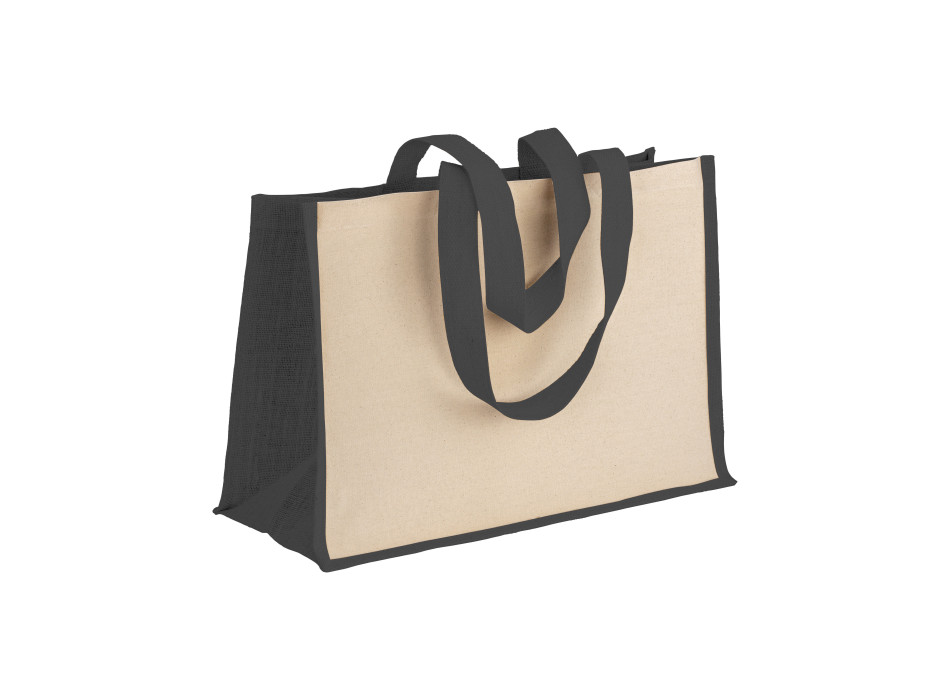 Shopper in cotone 280 g/m2 con soffietto dettagli in juta, manici lunghi