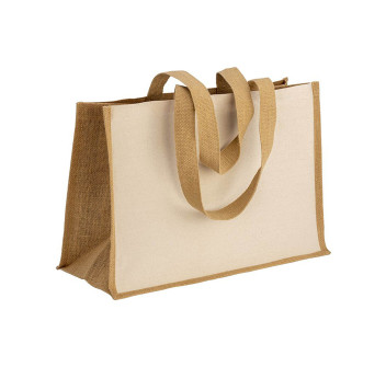 Shopper in cotone 280 g/m2 con soffietto, retro, manici e orlo in juta, manici lunghi