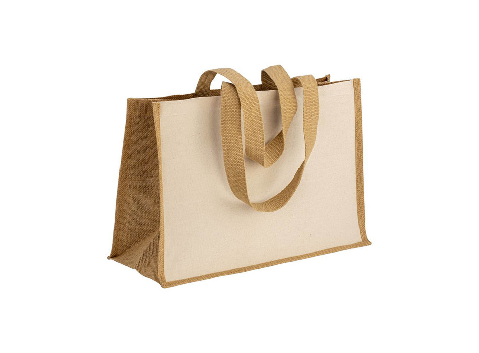 Shopper in cotone 280 g/m2 con soffietto, retro, manici e orlo in juta, manici lunghi