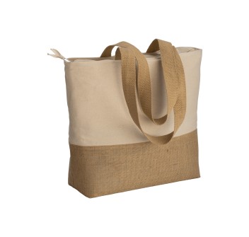 Shopper  in cotone 280 g/m2 con soffietto, con base in juta, manici lunghi