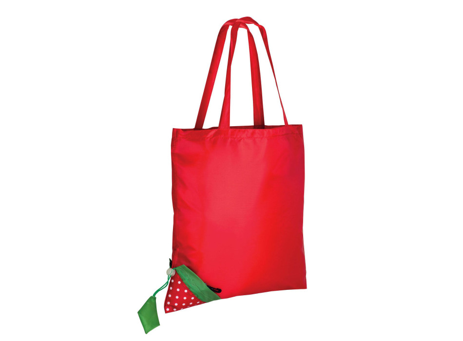 Shopper ripiegabile a forma di fragola in poliestere 190T, con foglia personalizzabile