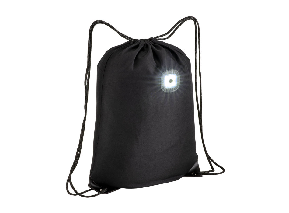 Zainetto in poliestere 300T con luce LED COB, angoli rinforzati.
