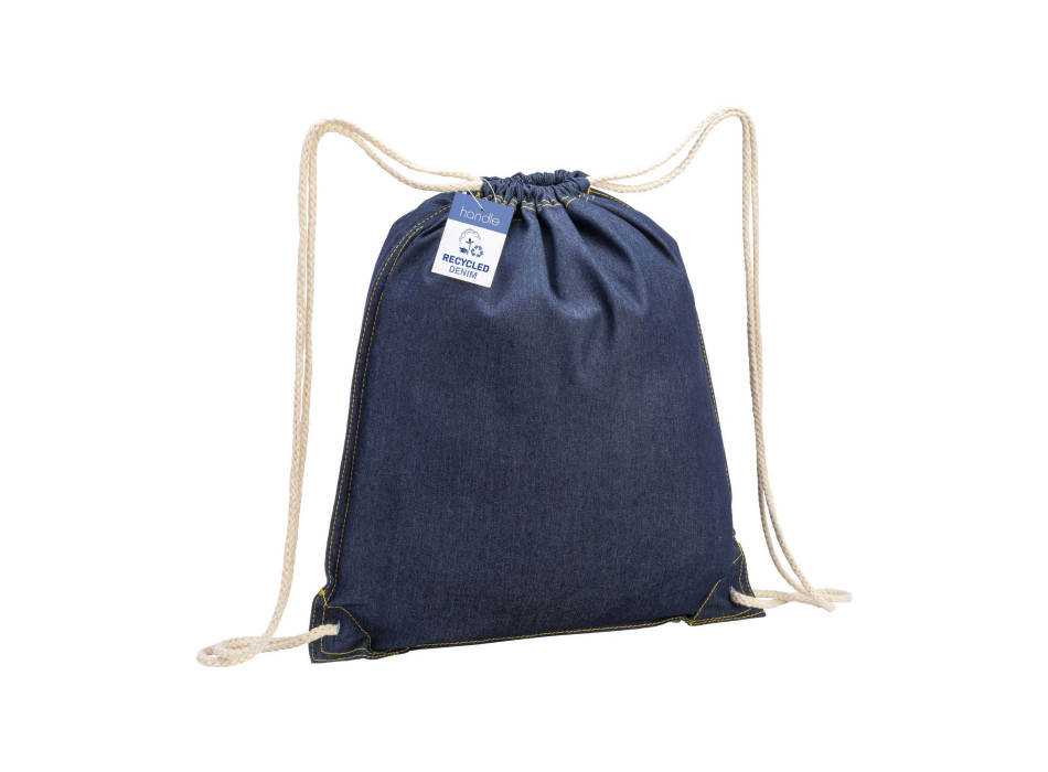 Zaino in cotone denim riciclato con chiusura a strozzo e angoli rinforzati