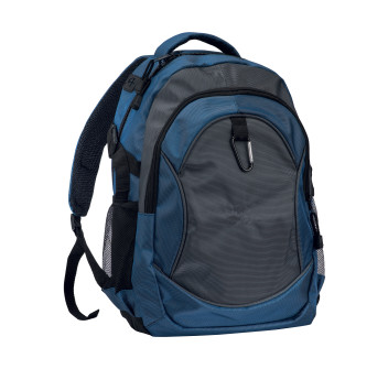 Zaino in poliestere 1680D con 4 tasche di cui 2 laterali retinate e moschettone